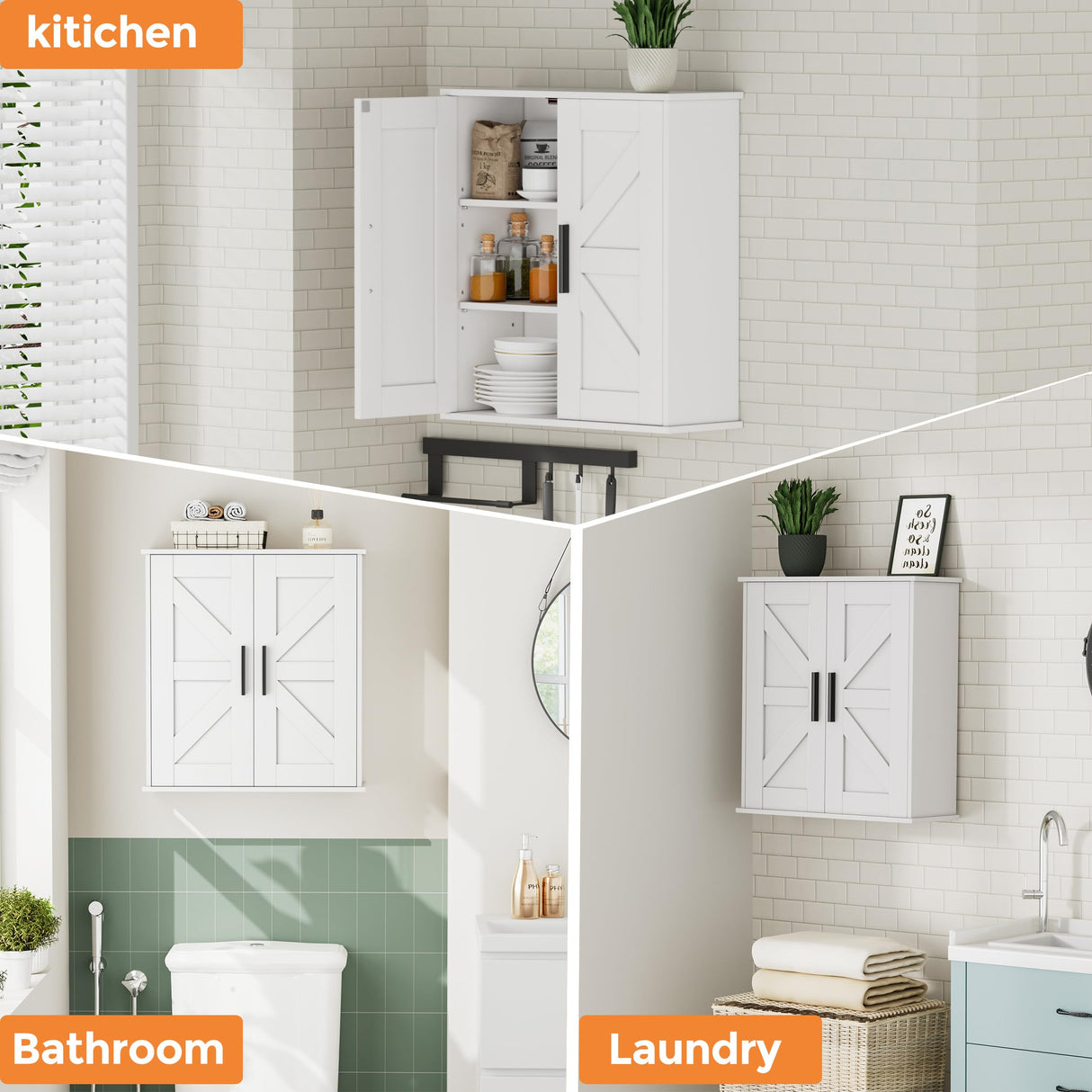 Homleke Bathroom Wall Cabinet, Over Toilet Storage Cabinet with Barn Doors and Adjustable Shelves, 3-Tier Medicine Cabinet Wall Mounted, for Bathroom, Kitchen, Entryway, Laundry Room, White, (7.9" D) Homleke