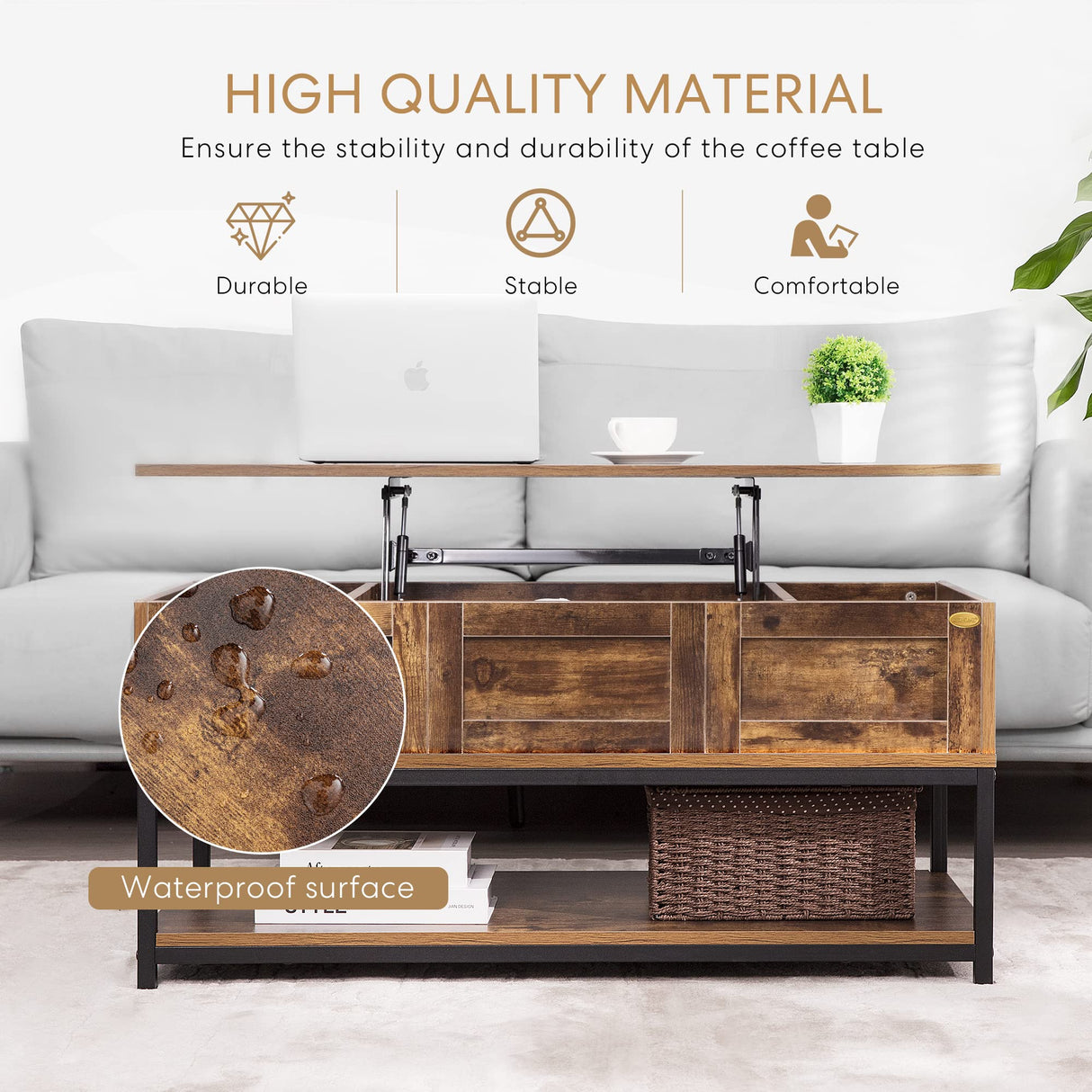 VIVOHOME Lift Top Coffee Table with Steel Frame, Dining Table with Open Storage and Hidden Compartment, Suitable for Living Room, Office, Small Apartment, Rustic Brown VIVOHOME