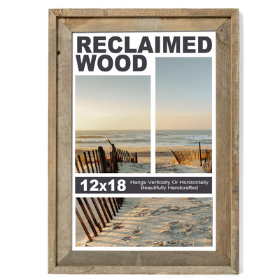 Rustic 12x18 Picture Frame, Reclaimed Barnwood Photo Frame with HD Tempered Glass, Distressed Family Art Gallery Corner, Horizontal and Vertical Wall Mounting Display with Hardware, Set of 1