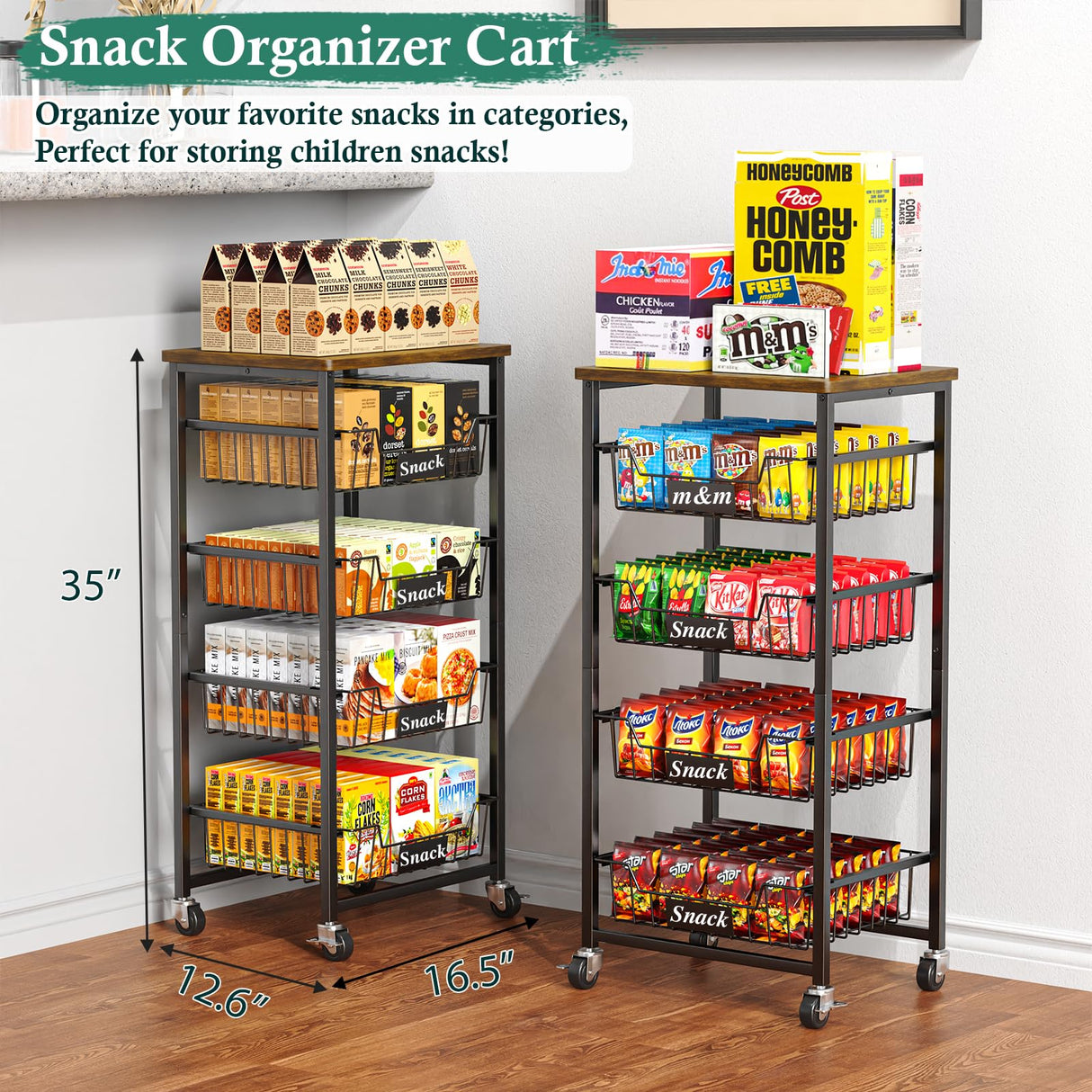 OKZEST Fruit Basket, 5-Tier Utility Kitchen Organizer and Storage Cart with Pull-Out Baskets and Wood Top, Rolling Pantry Kitchen Cart on Wheels for Fruit Potato Onion Vegetable Snack Produce OKZEST