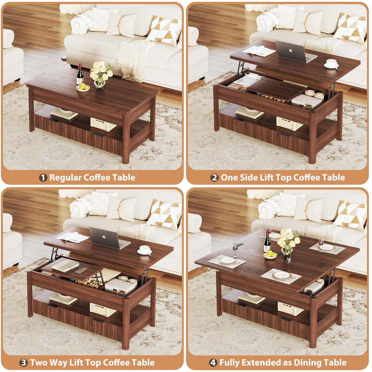 HUAHUU 40" Lift Top Coffee Table, 4 in 1 Square Coffee Table with Storage Shelf & 2 Drawers, Modern Coffee Tables with Lift Tabletop, Converts to Dining Table for Living Room, Home Office, Walnut HUAHUU