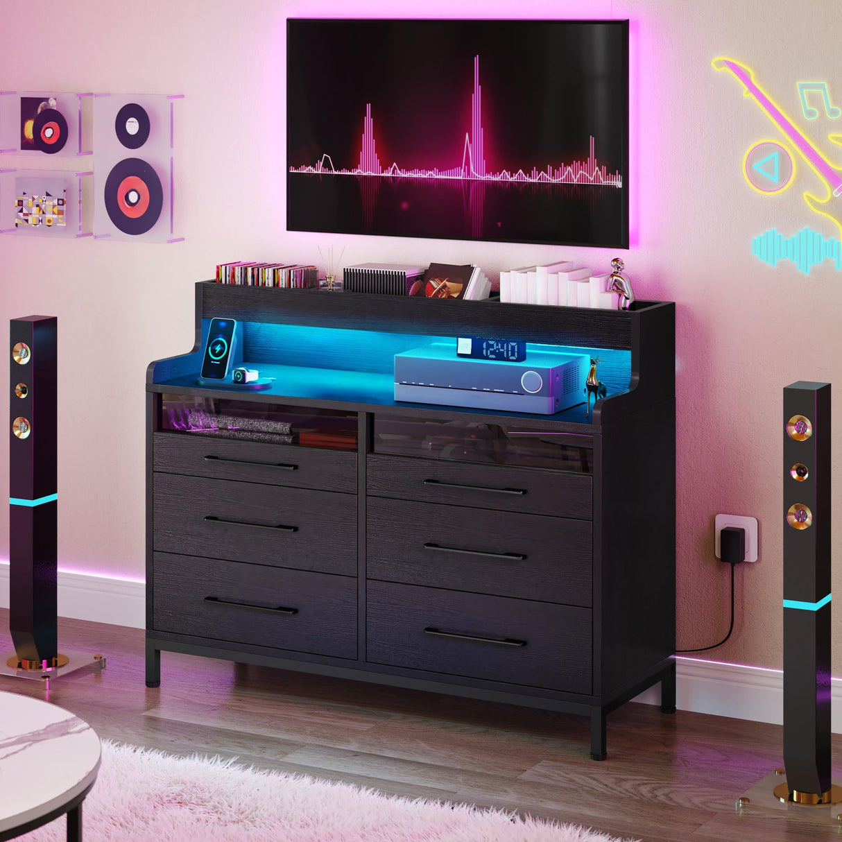 YITAHOME 6 Drawer Dressers with LED Lights, Wood Dressers Chests of Drawers, Modern Dresser with Open Shelf Storage for Room, Entryway, Hallway, Black YITAHOME