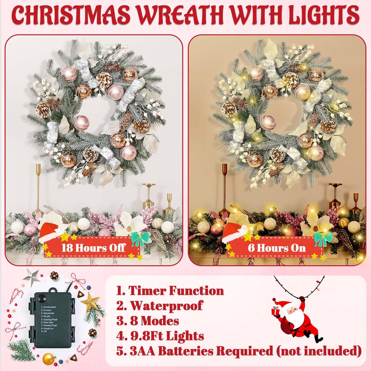 20" Christmas Wreath with Balls, Christmas Door Wreath with Bow Ribbon Berries & Pine Cones Xmas Wreaths for Front Door Wall Home Outdoor Decor Elyum