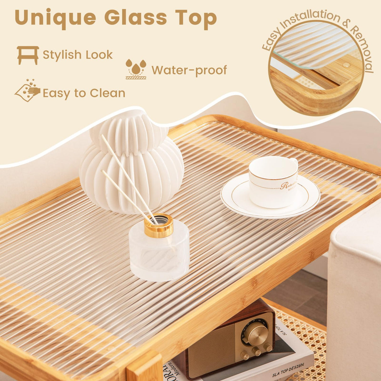 GOFLAME Bamboo Side Table with Glass Top, 2-Tier End Table with PE Rattan Storage Shelf, Home Sofa Side Table, Nightstand Bedside Table, Compact Coffee Table, Accent Table for Bedroom Living Room GOFLAME