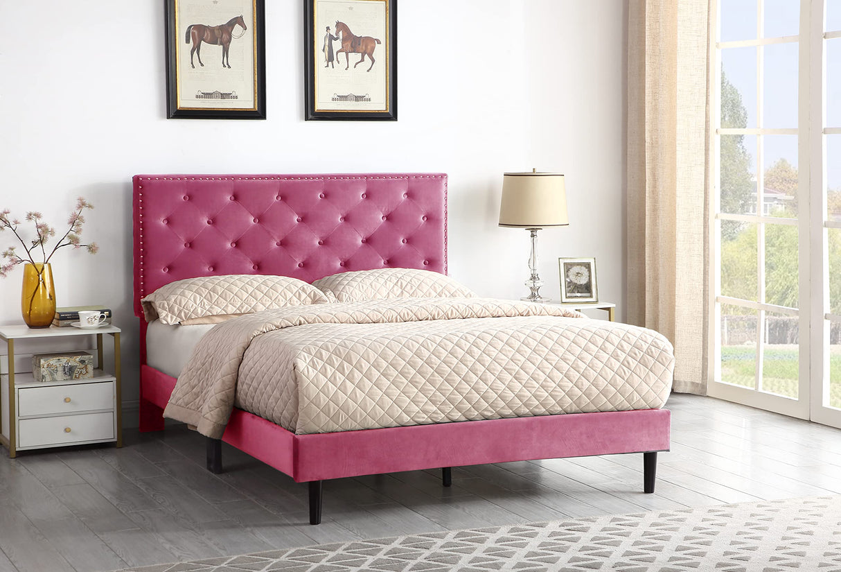 Full Upholstered Platform Bed Frame with 48" Tall Adjustable Headboard - Button Tufted Suede Velour Bed- Wood Slat Support with Storage Space - No Box Spring Needed - Pink - OLIVER & SMITH - Princeton OLIVER & SMITH SINCE 1921