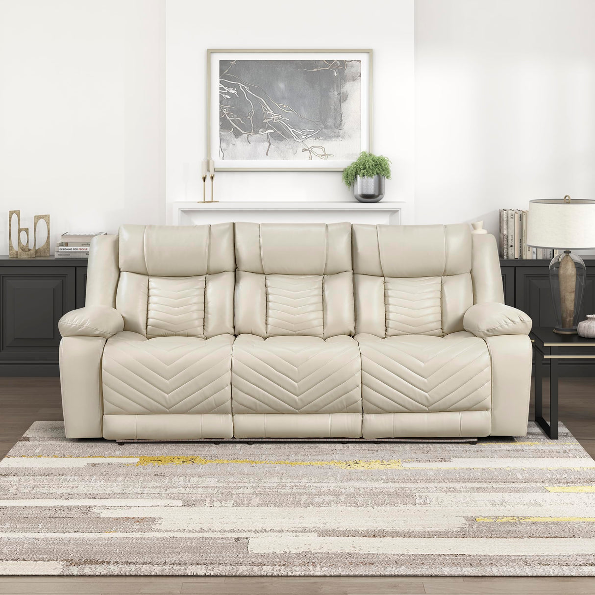 Lexicon Wall Hugger Power Double Reclining Sofa with Center Drop-Down Table, Faux Leather Home Theater Seating with LED Lighting/USB Charging Ports/Wireless Charger/Cup Holders, Magazine Pocket, Beige Lexicon