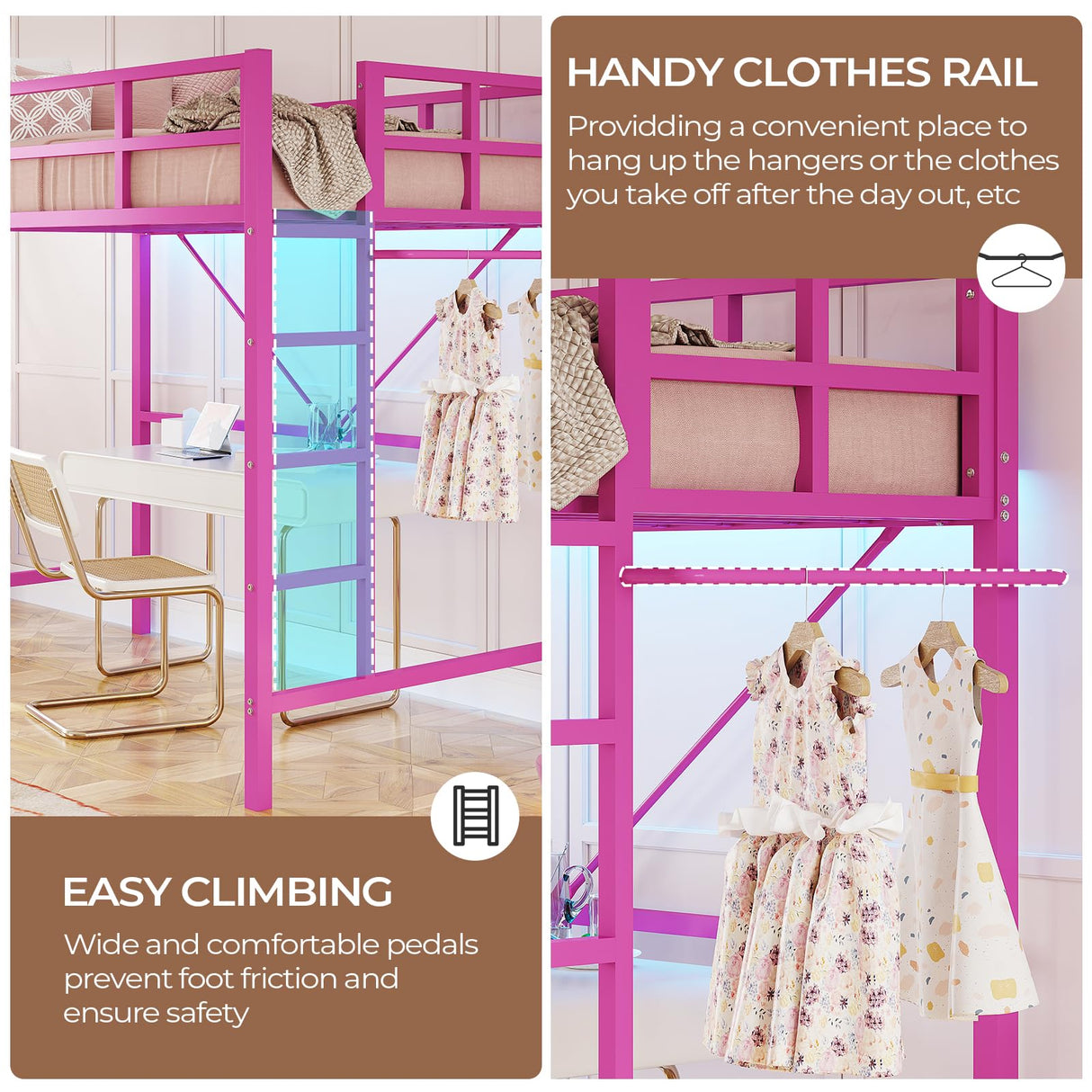 DICTAC Loft Bed Twin Size with Led Lights Metal Twin Loft Bed Frame with Full-Length Guardrail and Stair for Junior, Heavy Duty Metal Slats Support,Noise-Free, Space-Saving, No Box Spring Needed, Pink DICTAC