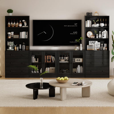 TUSY 4-Piece Large TV Stand with Bookshelves for TVs up to 75", TV Entertainment Center Media Center with Tempered Glass Doors and Shelves, TV Hutch for Living Room (Black)