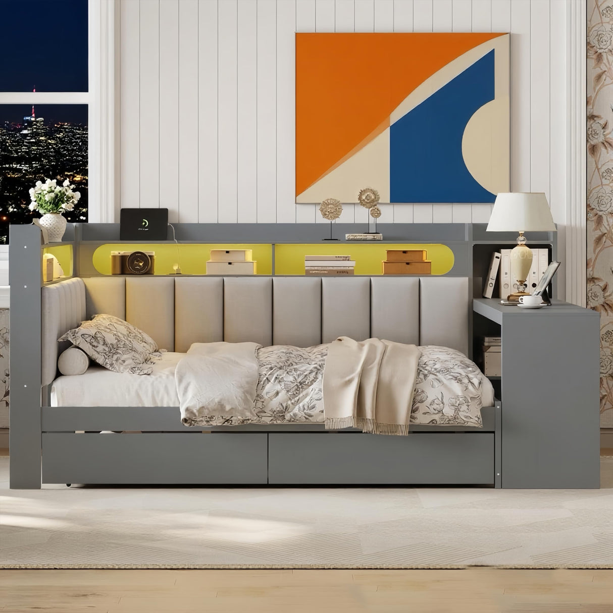 MaiDeHaoo Full Size Daybed with Storage Shelves and Upholstered Headboard, Corner Bed Frame with L-Shaped Bookcase, Drawers and Charging Station, Captains Bedframe with LED Light and Backrest, Grey MaiDeHaoo