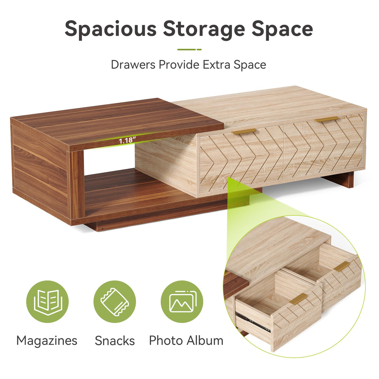 LITTLE TREE Expandable Wooden Coffee Table with 2 Drawers, Space-Saving Rectangular Farmhouse Center Table, Perfect for Living Room and Office, Brown and Beige LITTLE TREE