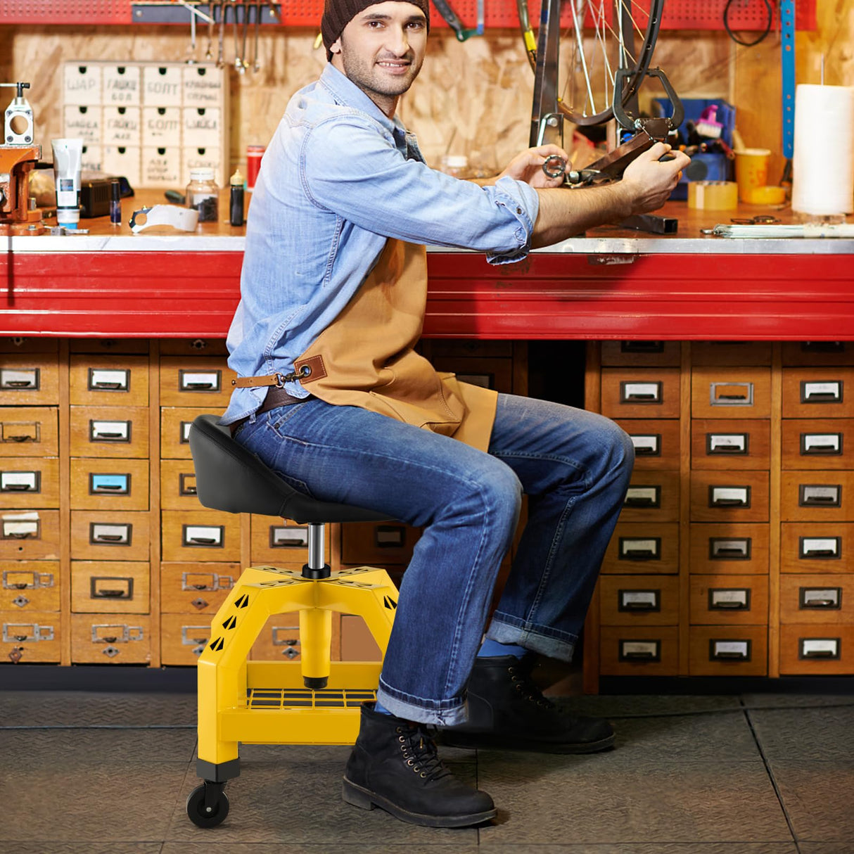 Goplus Mechanic Stool with Wheels, 360 Degree Swivel Rolling Garage Stool with 22.5”-27.5” Height Adjustment, Padded Seat, 330 LBS Capacity, Tool Tray, Heavy Duty Creeper Seat, Shop Stool for Workshop Goplus