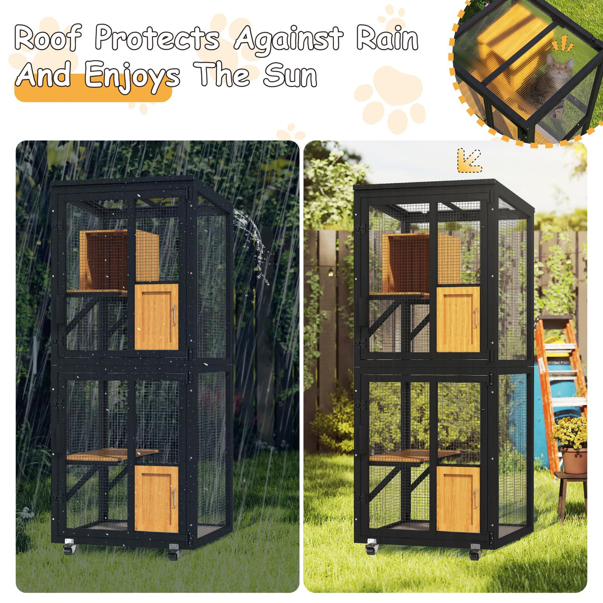 TRYKERPET 4 Tiers Catio Outdoor Cat Enclosure, Outdoor Cats House with 4 Wheels, Cat Enclosure Window Access with Removable Floor, Upgraded Resting Box, Waterproof Roof, Wooden Indoor Pet Cage, Black TRYKERPET
