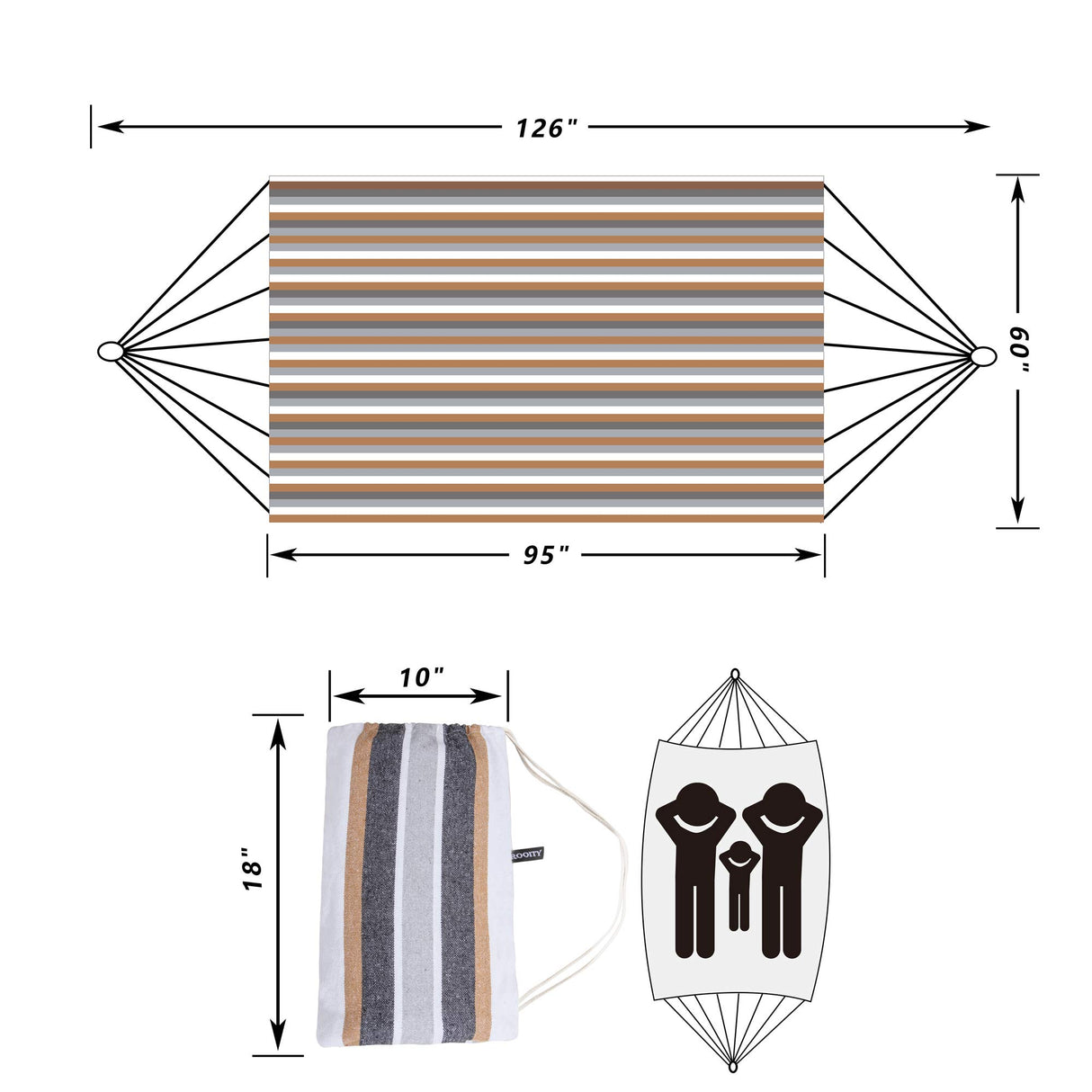 ROOITY Double Hammock Brazilian Hammocks with Portable Carrying Bag,Soft Woven Fabric, Up to 450 Lbs Hanging for Patio,Trees,Garden,Backyard,Porch,Outdoor and Indoor XXX-Large Brown&Grey Stripe ROOITY