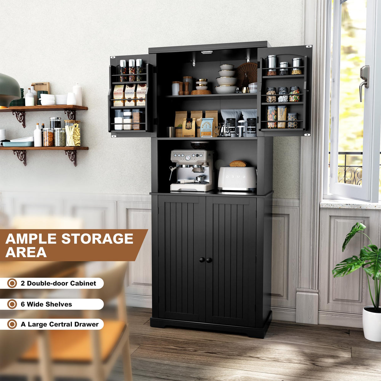 HLR 72" Kitchen Pantry Storage Cabinet, Freestanding Larder Cupboard, Kitchen Hutch Cabinet with Microwave Stand,Utility Pantry with Doors and Shelves for Dining Room, Living Room, Laundry HLR