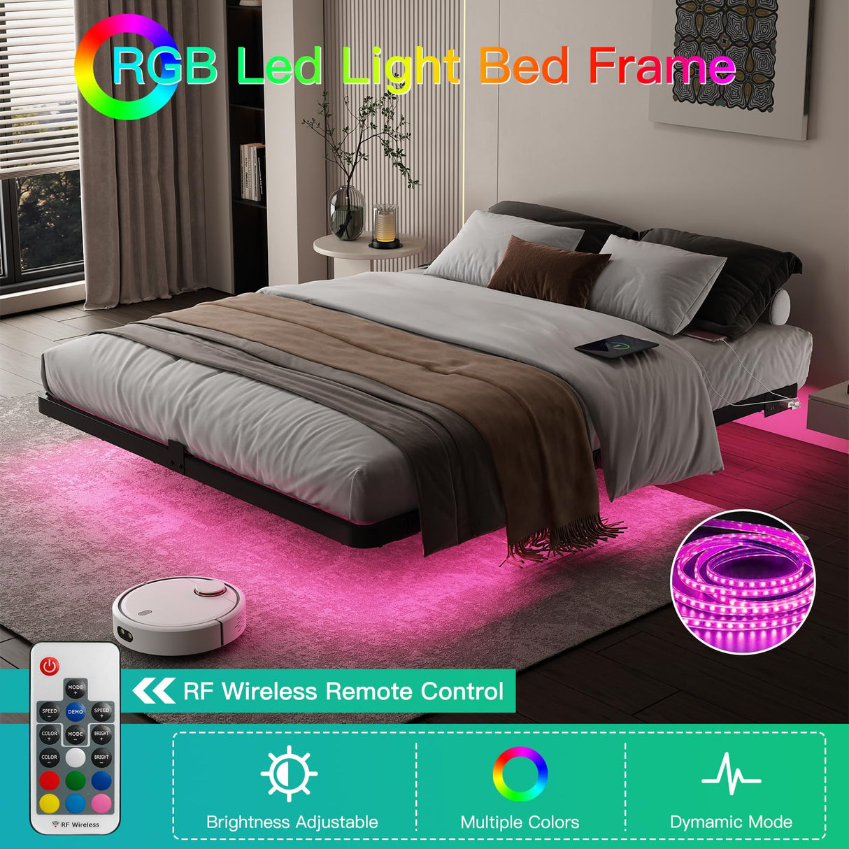 FviMzailon Queen Size Floating Bed Frame - Metal Platform Bed with Smart LED Lights & Charging Station, No Box Spring Needed, Easy Assembly, Noise Free FviMzailon