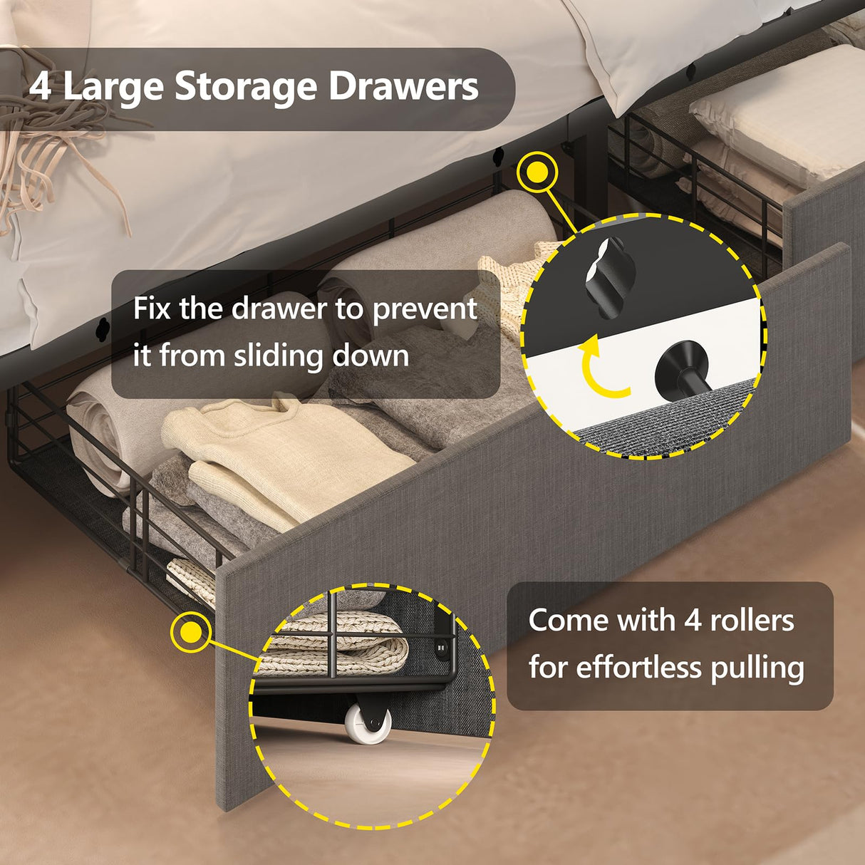 CSZZD Dark Grey Queen Bed Frame with LED Lights, Charging Station & 4 Storage Drawers CSZZD