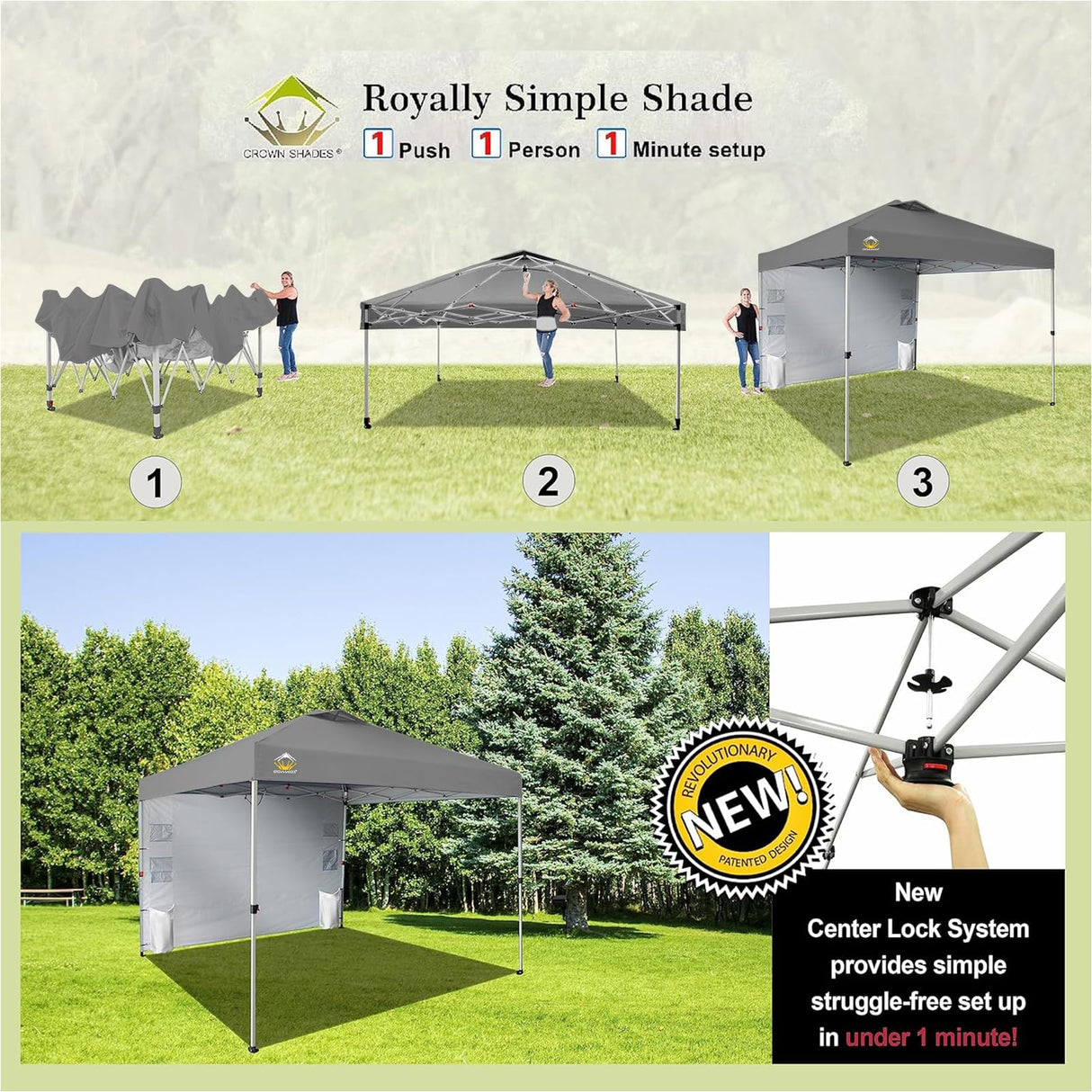 CROWN SHADES Canopy Tent 10x10 Pop Up Canopy Outdoor Shade with Pockets Sidewall, Easy Up Sun Shelter with One Person Set Up Center Lock, Portable Instant Camping Beach Canopy Tents, Grid Grey CROWN SHADES