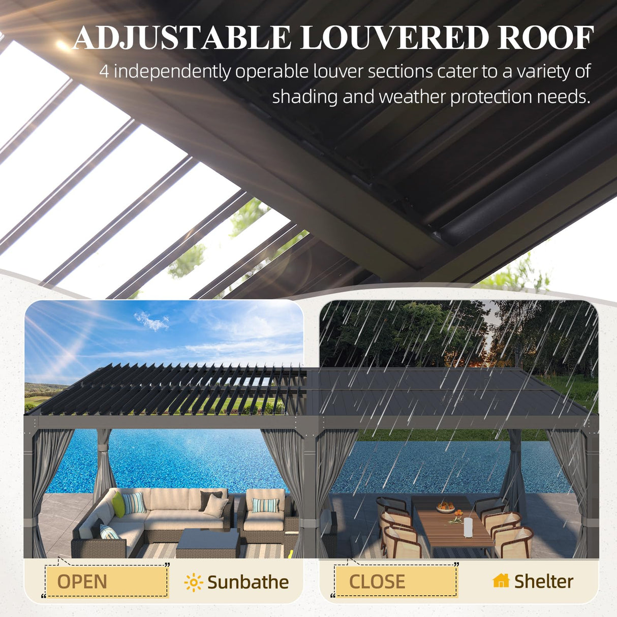 MELLCOM Louvered Pergola 12x24, Aluminum Pergola with Adjustable Louvered Roof, Outdoor Pergola with Waterproof Curtains and Nets, Dark Grey MELLCOM