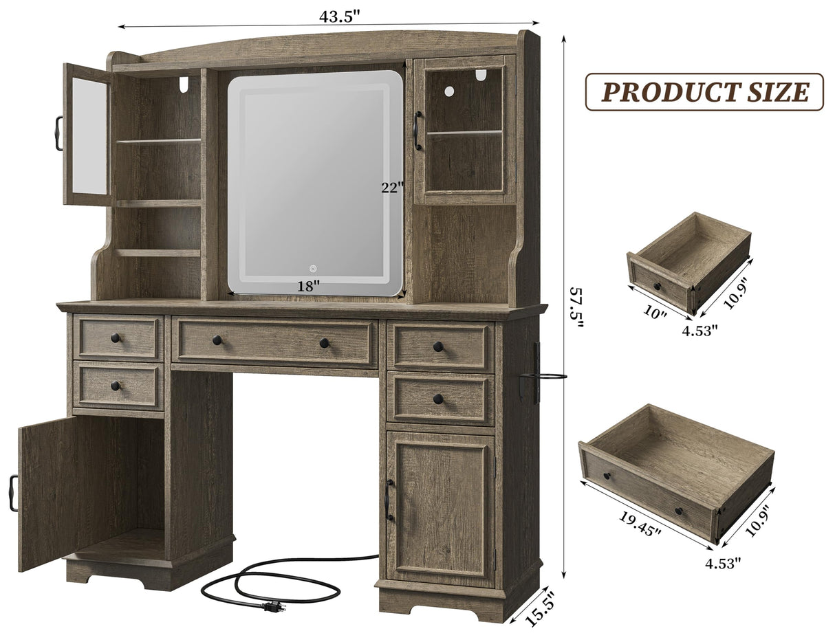 EnHomee Farmhouse Vanity Desk with LED Lighted Mirror, Makeup Vanity Table with RGB Cabinets and Lots Storage, 5 Drawers and 6 Storage Shelves for Bedroom and Dressing Room, Dark Oak EnHomee