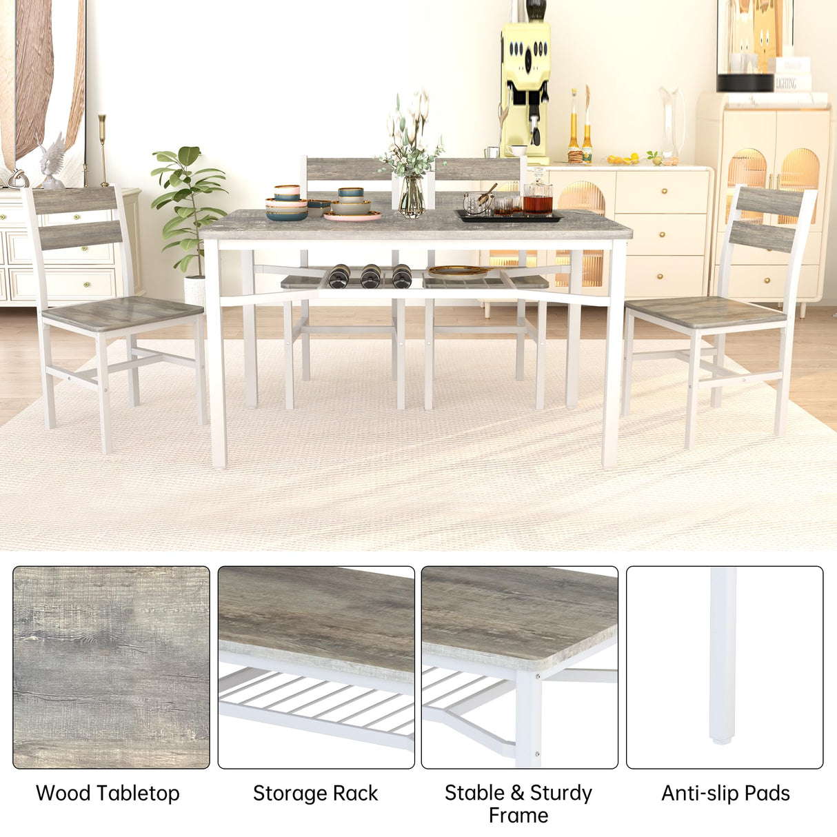 Hooseng Dining Table Set for 4, Wood Kitchen Table Chairs Set with Storage, Farmhouse 5 Piece Dining Room Table Set, Space-Saving Dinette Set for Breakfast Nook, Apartment Hooseng