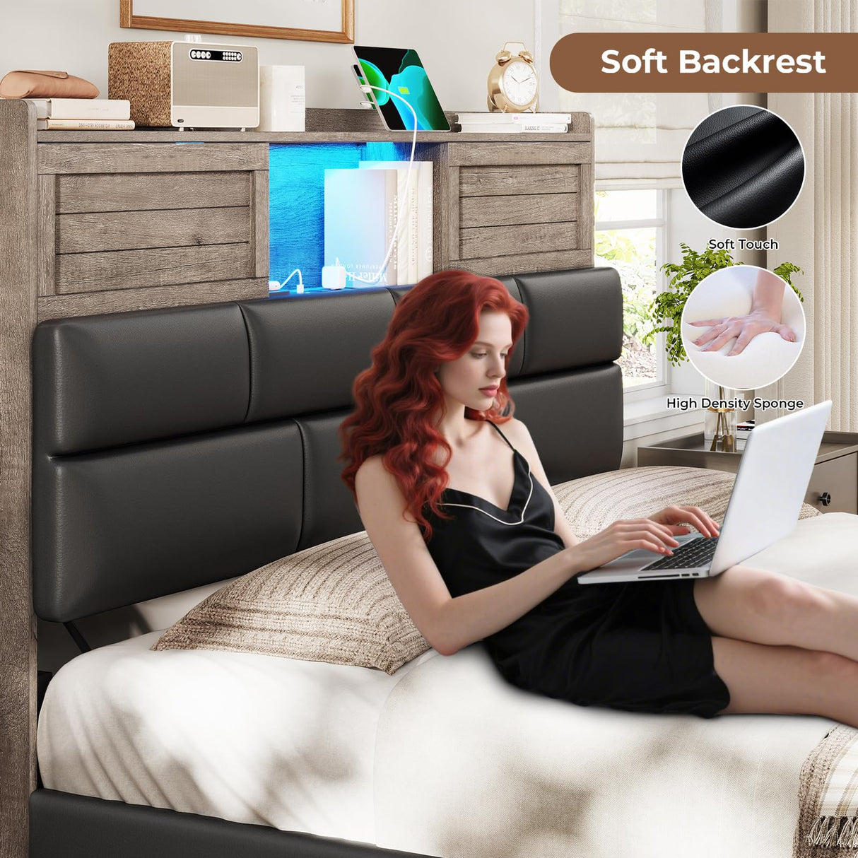 MSmask Queen Bed Frame with Bookcase Headboard and Sliding Doors, Upholstered LED Bed Frame Queen Size with Charging Station, 4 Storage Drawers, No Box Spring Needed, Black & Grey MSmask