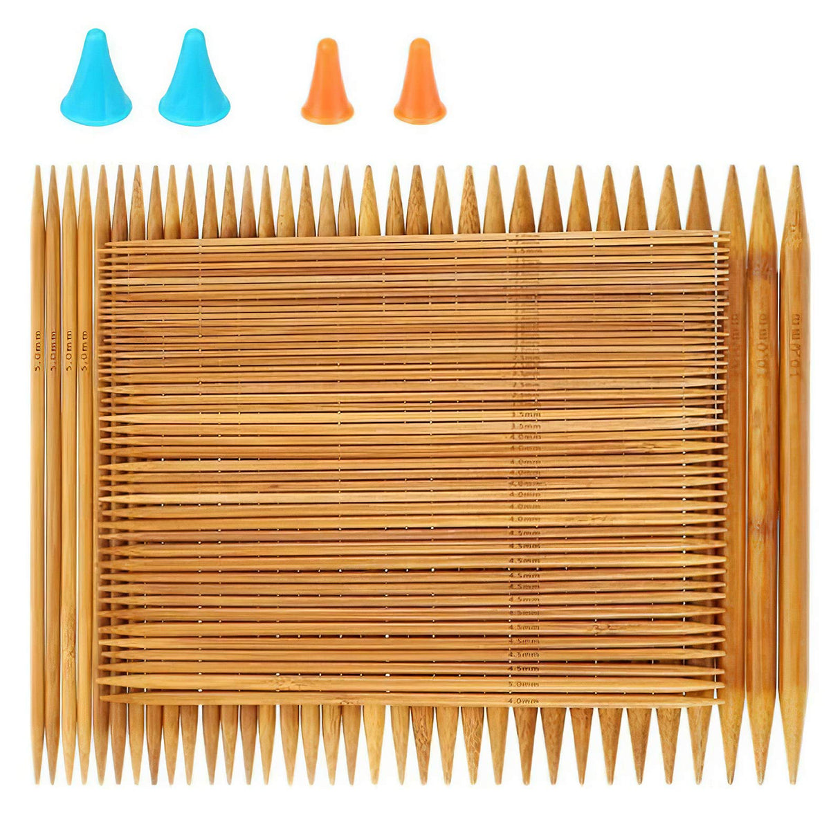 RELIAN Double Pointed , 75 Pcs Bamboo Knitting Needles Set, 15 Sizes from 2.0mm-10.0mm(8 Inches Length)+ 4Pcs Knitting Needles Point Protectors RELIAN