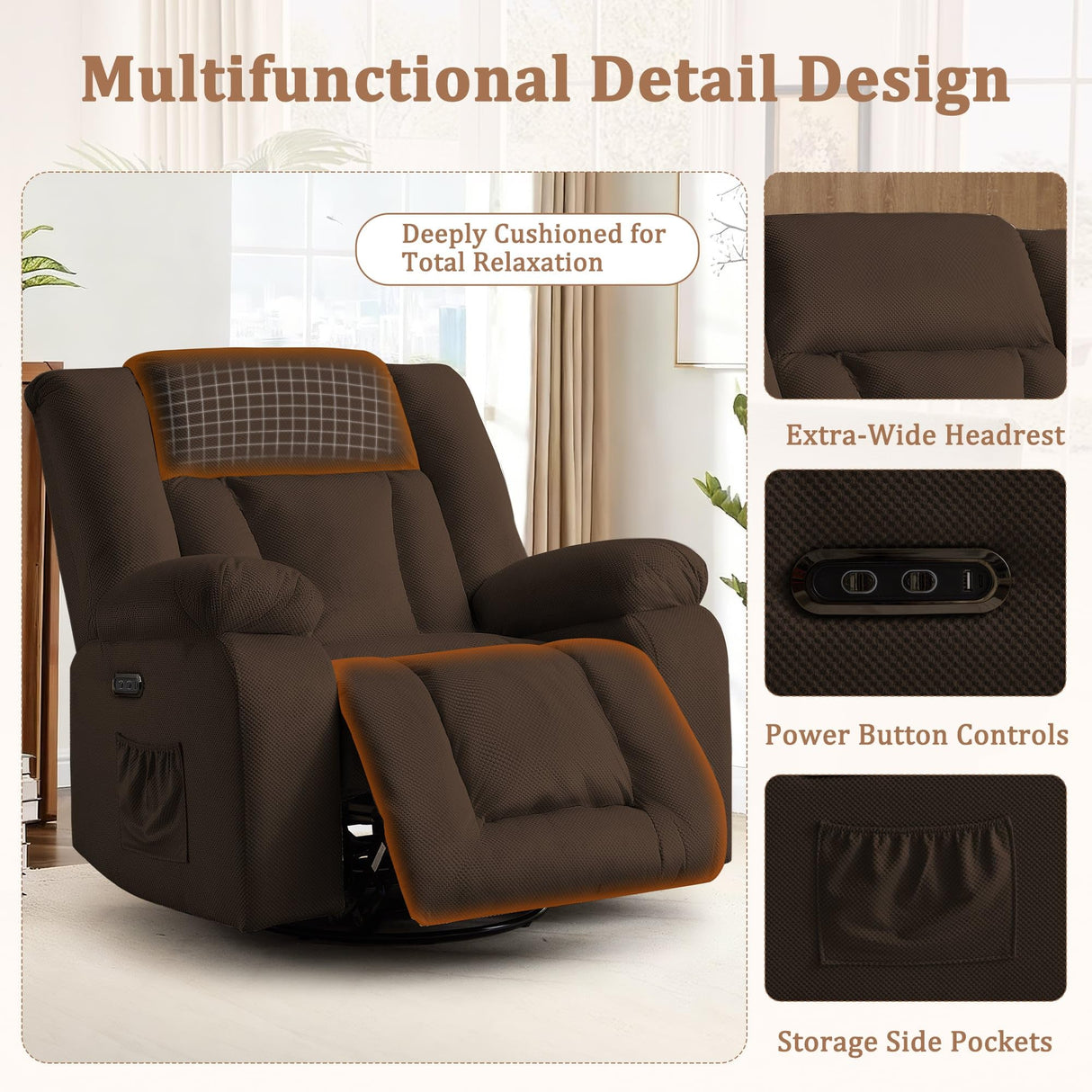 Korser Rocker Recliner Chairs for Adults, Swivel Rocking Chair with Heat and Massage, Modern Electric Recliner with Extra Wide, Waffle Fabric Massage Chair Recliner for Living Room, Bedroom Korser