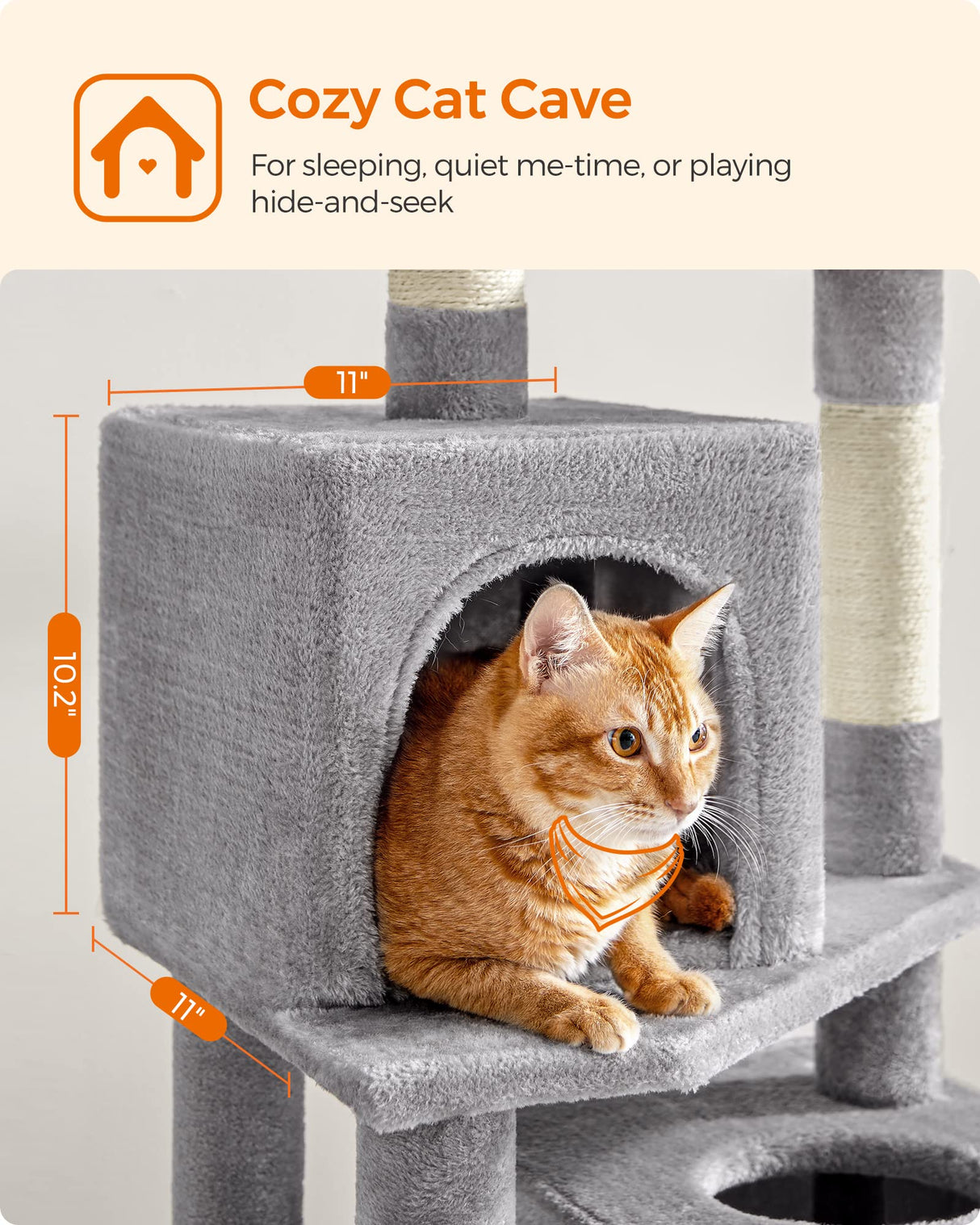 Feandrea Cat Tree, 61-Inch Cat Tower for Indoor Cats, Plush Multi-Level Cat Condo with 5 Scratching Posts, 2 Perches, 2 Caves, Hammock, 2 Pompoms, Light Gray UPCT192W01 Feandrea