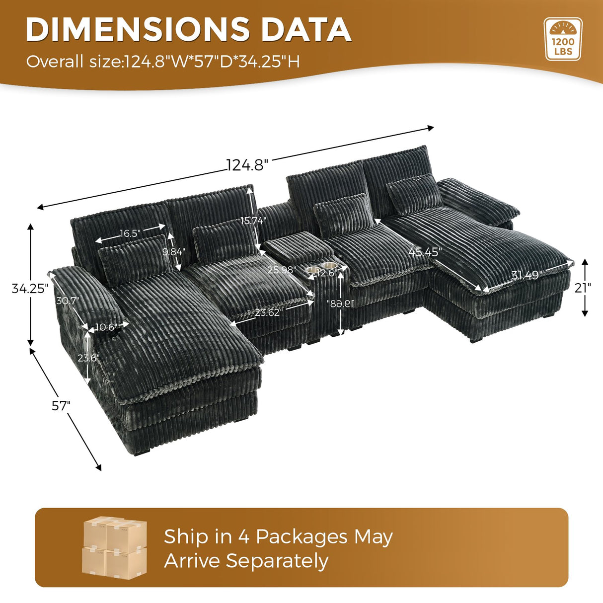 HYJT-H&K 124" U Shaped Cloud Couch Sectional, Comfy Fluffy Plush Corduroy Grey Sectional Couches for Living Room, Modern Modular Corduroy Couch Sectionals with Central Console & Double Chaise Lounge HYJT-H&K