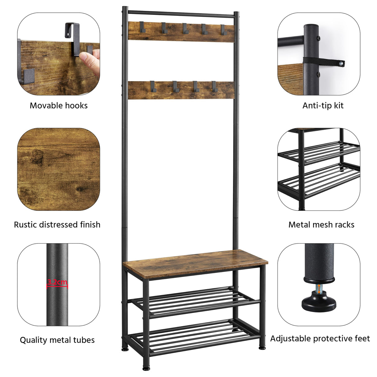 Yaheetech 3-in-1 Hall Tree Coat Rack Shoe Bench with 9 Hooks and Storage Shelf, Industrial Entryway Storage Shelf Bench, Easy Assembly, Rustic Brown Yaheetech