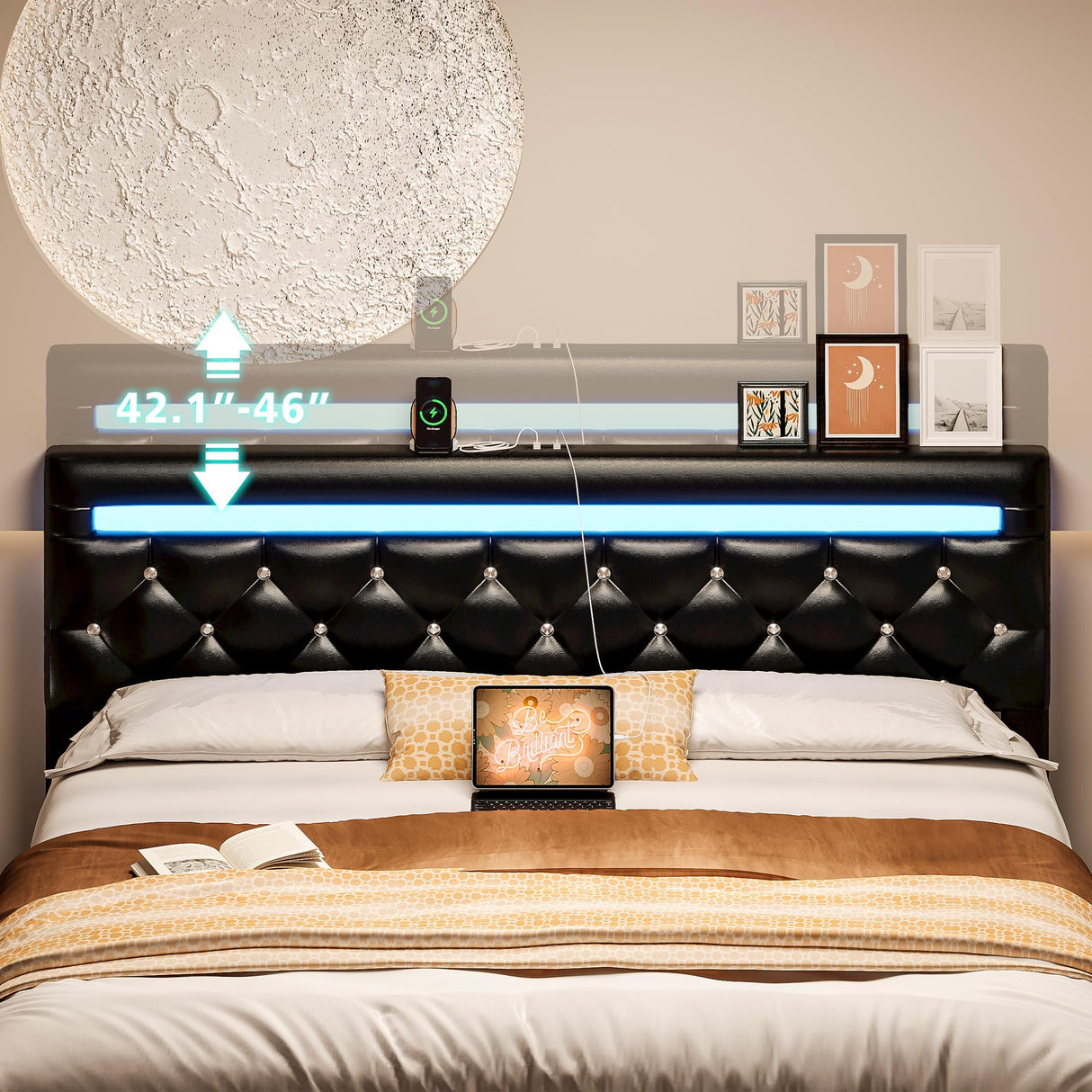 LIKIMIO Black PU Leather Full Size Bed Frame with LED Lights and 4 Storage Drawers LIKIMIO