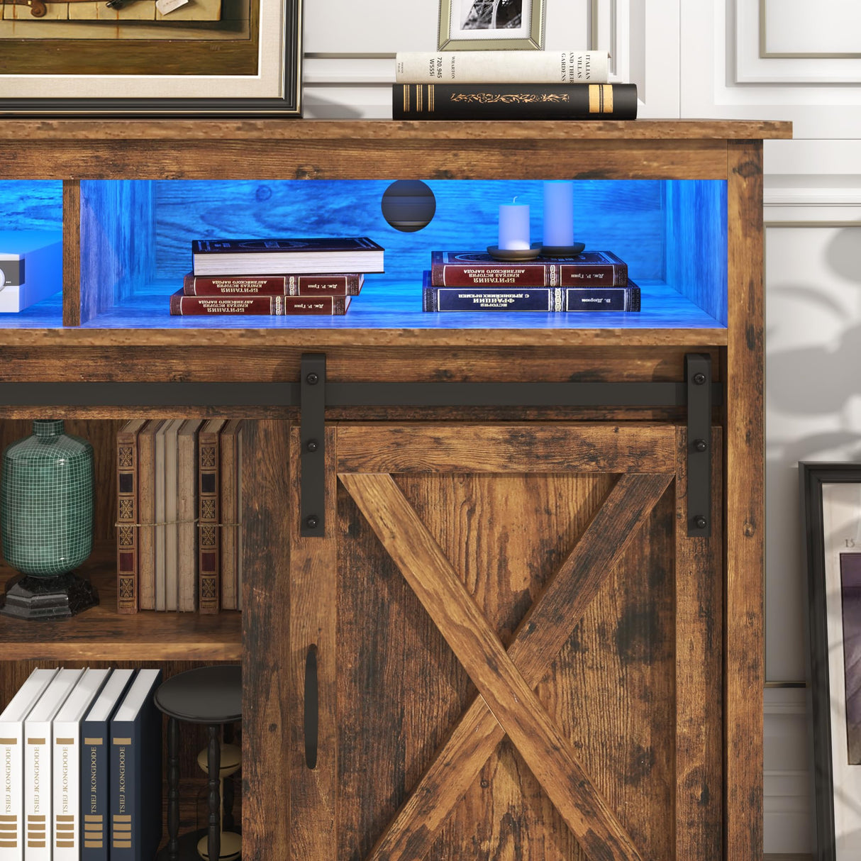 Farmhouse TV Stand for 80/75 inch TVs, Rustic Entertainment Center TV Cabinet Stands with Power Outlets, Rustic Brown Bolonbi