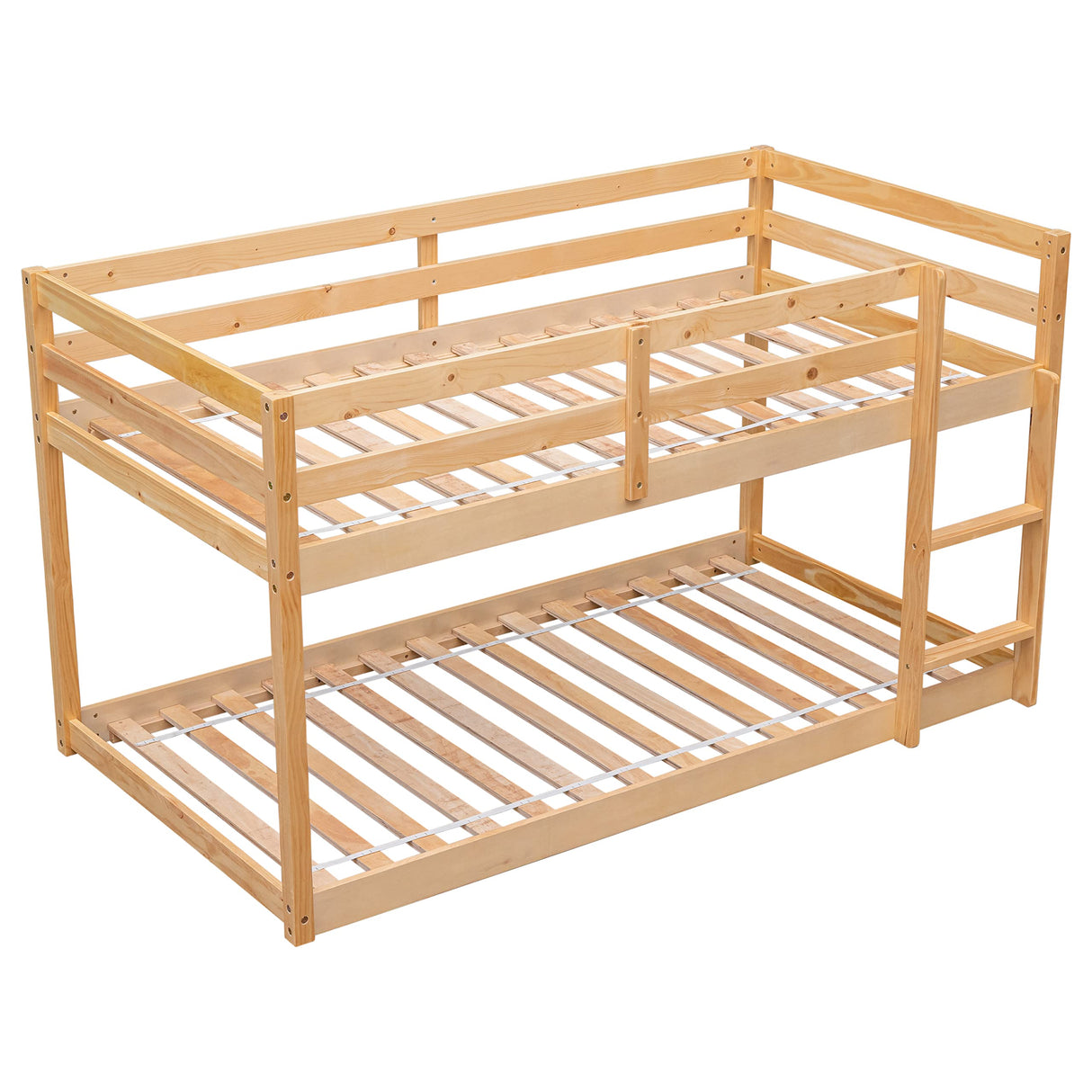 Low Profile Twin Over Twin Solid Wood Bunk Bed Frame for Kids in Natural Finish Bellemave