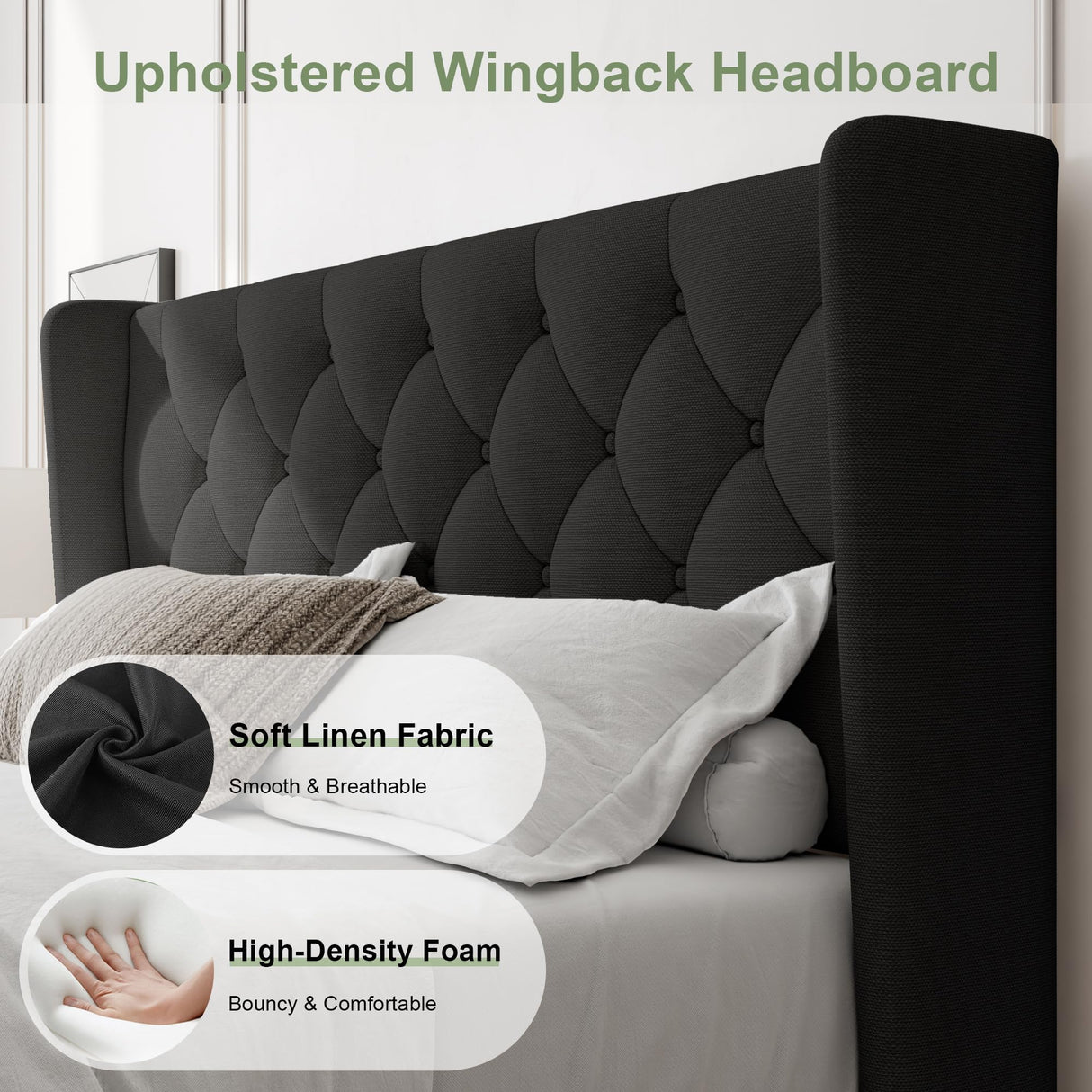 Feonase Full Size Bed Frame with Upholstered Wingback Headboard,Button Tufted Platform Bed and Heavy Duty Wooden Slats Support,Easy Assembly, Noise-Free,No Box Spring Needed, Black Feonase