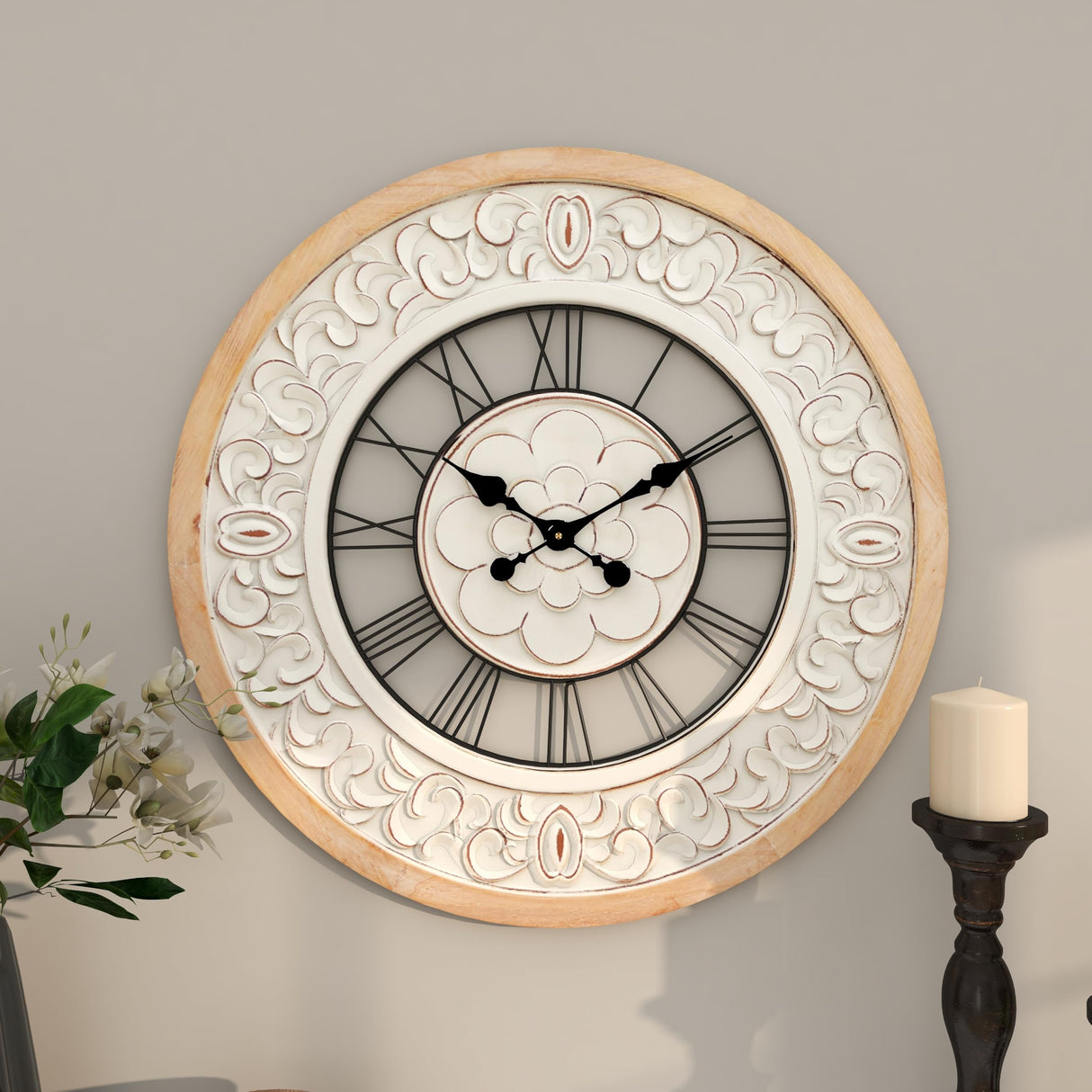 Deco 79 Wooden Floral Decorative Wall Clock Carved Wall Clock for Home with Black Metal Accents, Wall Clock for Room 32" x 2" x 32", White Deco 79