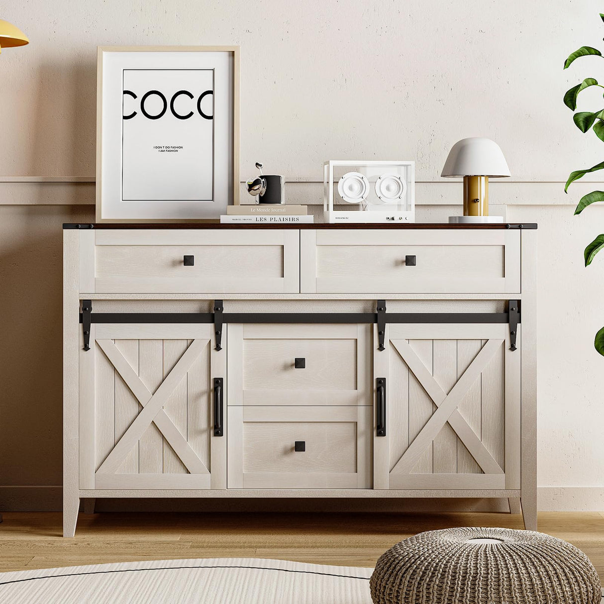 GlouMod Farmhouse Dresser for Bedroom, Sliding Barn Door Dresser with 4 Drawers Dresser Wood, White Dresser & Chest of Drawers, Kids Dresser TV Stand 47" GlouMod