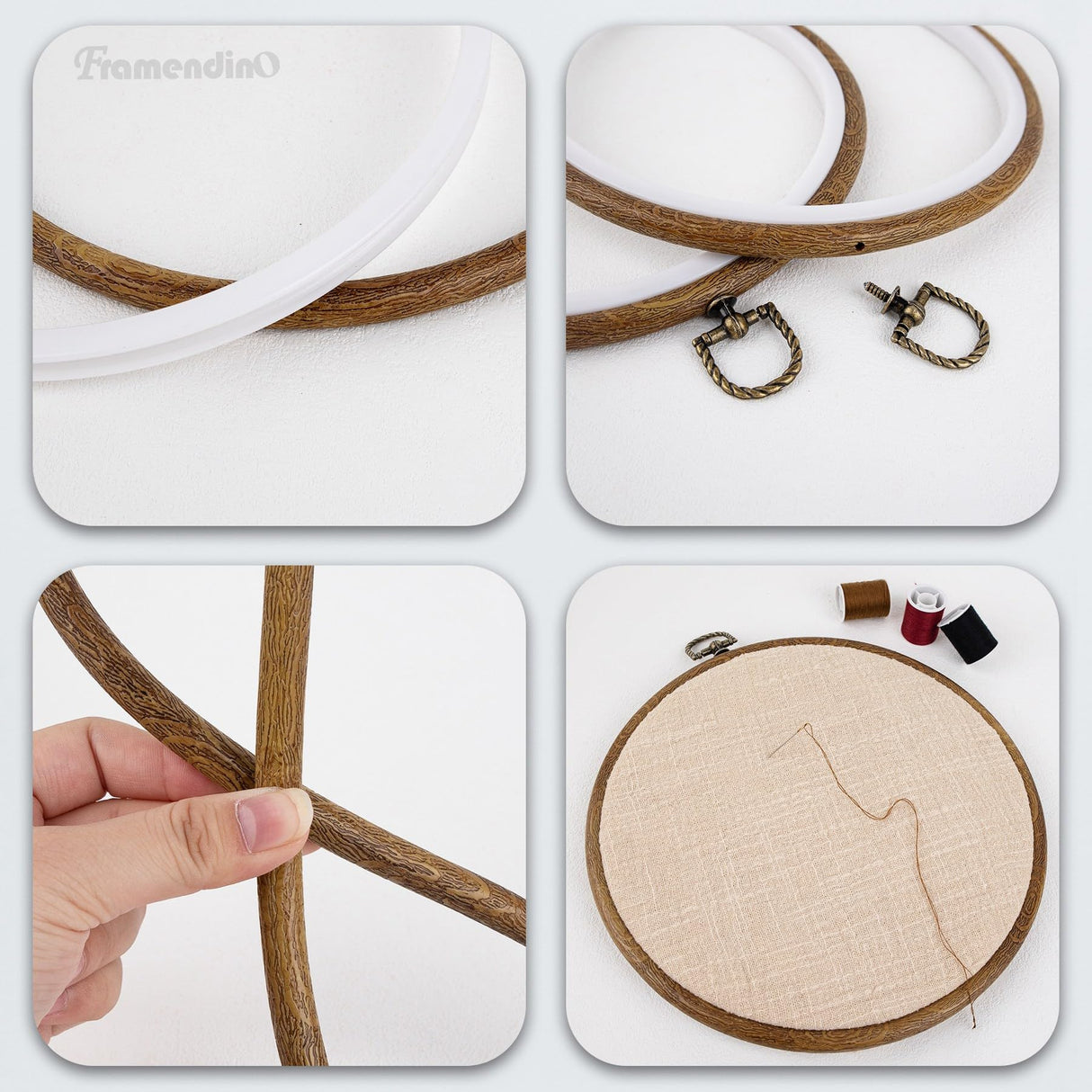 Framendino, 4 Pack Round Embroidery Hoops 8 Inch Imitated Wood Display Frame Circle Cross Stitch Hoop Rings for Art Craft Sewing Hanging Ornaments Framendino