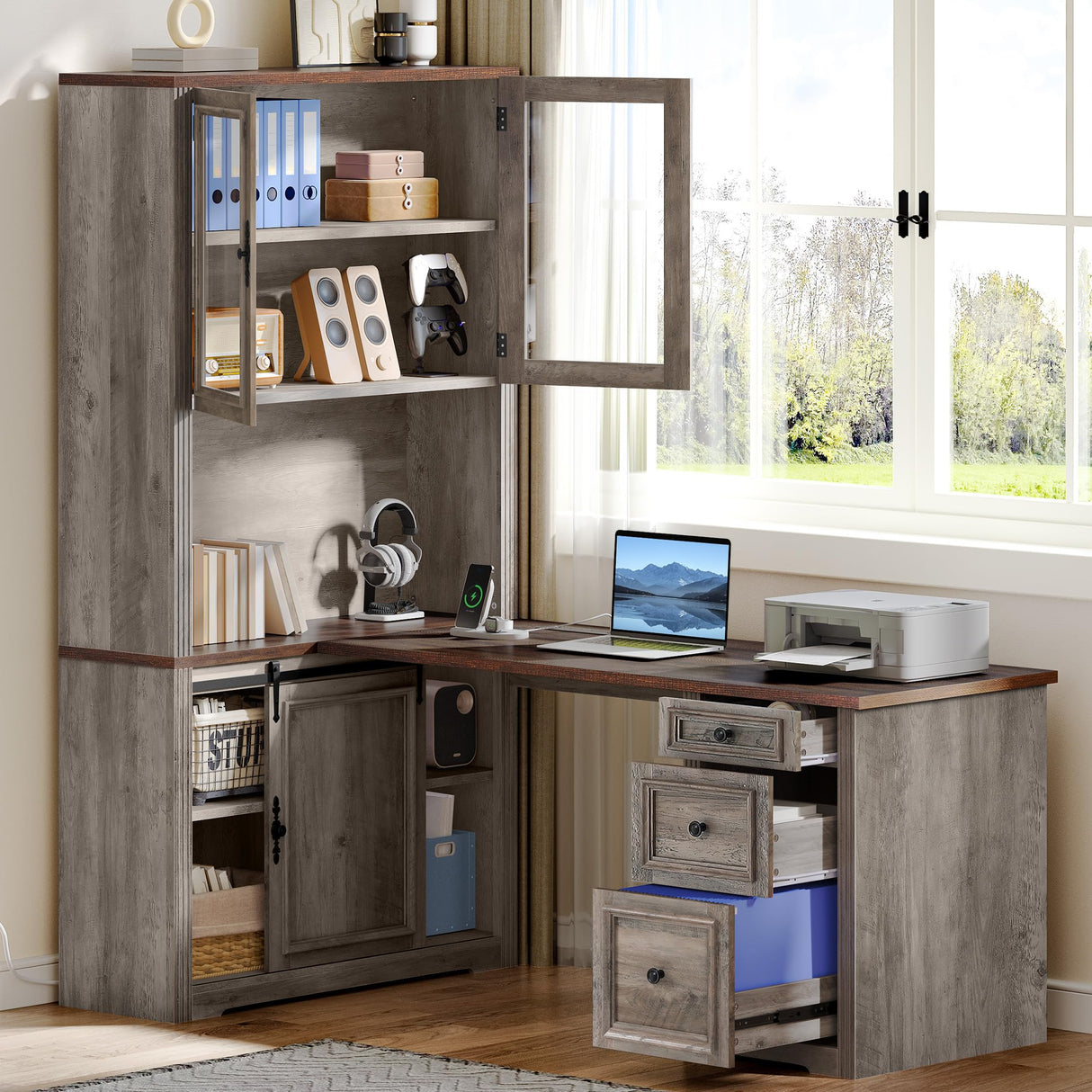 YITAHOME L Shaped Executive Desk with Hutch and Drawers, Farmhouse Home Office Desk with Power Outlet, Wood Corner Computer Desk with Sliding Door, Storage Cabinet with Glass Door, Grey & Walnut YITAHOME