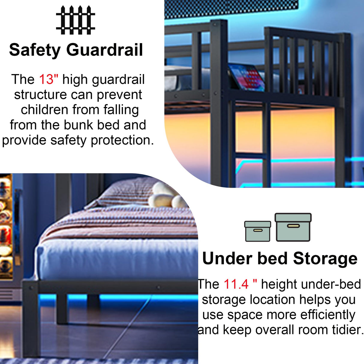 Triple Bunk Beds for Kids with LED Light,Metal 3 Beds Bunk Bed with USB Charge Station & Storage Shelf, Convertible Three Bunk Beds for Girls Boys Teens,Can be Separated into 3 Beds, Black MoproBeti