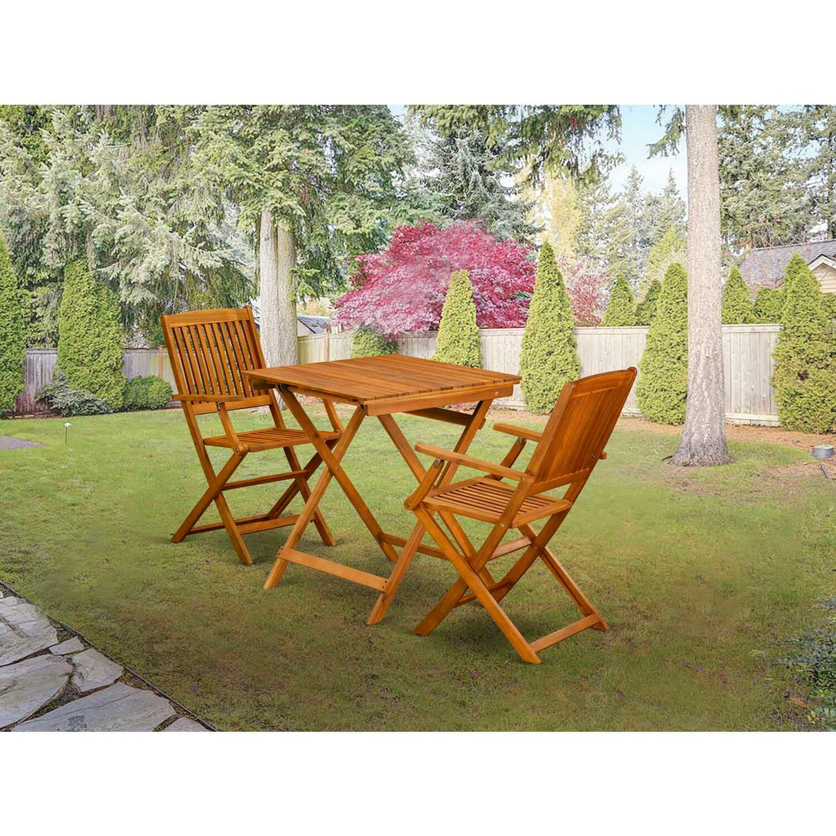 East West Furniture Selma 3 Piece Patio Bistro Set Contains a Square Outdoor Acacia Wood Coffee Table and 2 Folding Arm Chairs, 26x26 Inch, Natural Oil East West Furniture