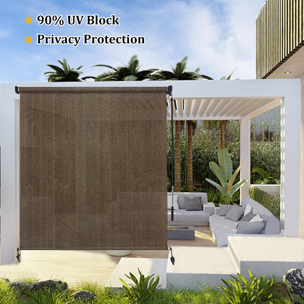 Shade&Beyond Outdoor Roller Shades 8' W x 8' H Patio Roll Up Blinds 220GSM Shade Cloth Roll for Porch Gazebo Pergola Balcony Backyard, Spliced of Two Sections, Mocha Shade&Beyond