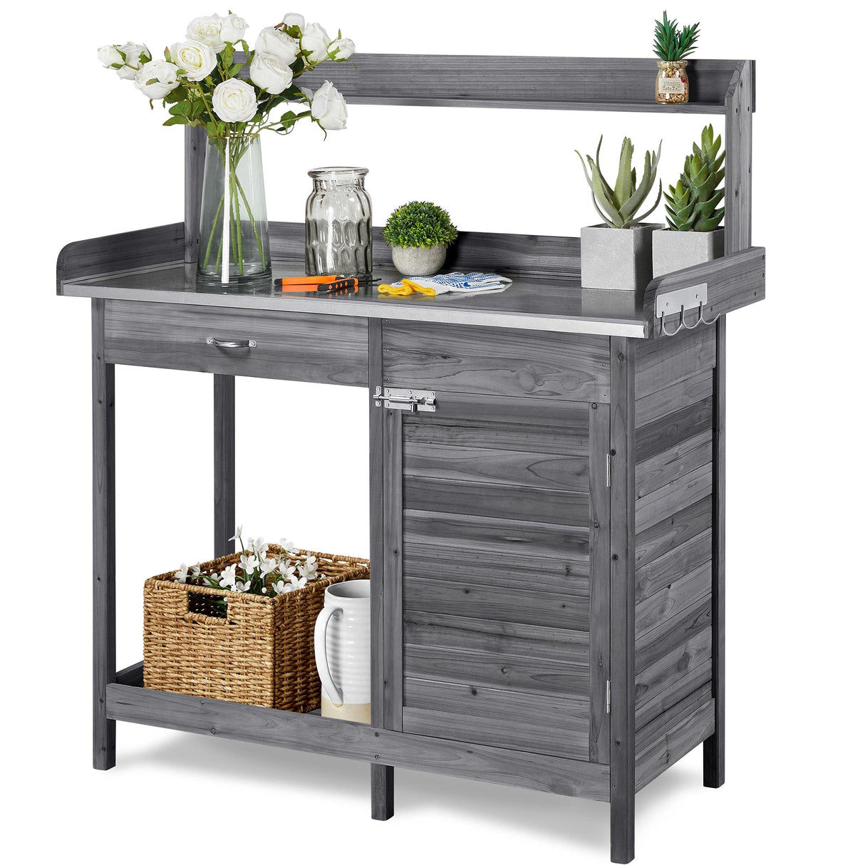Topeakmart Garden Potting Bench Wooden Workstation Outdoor Wooden Potting Table W/Top Shelf & Lower Shelf & Cabinet Drawer & Open Shelf Gray Topeakmart