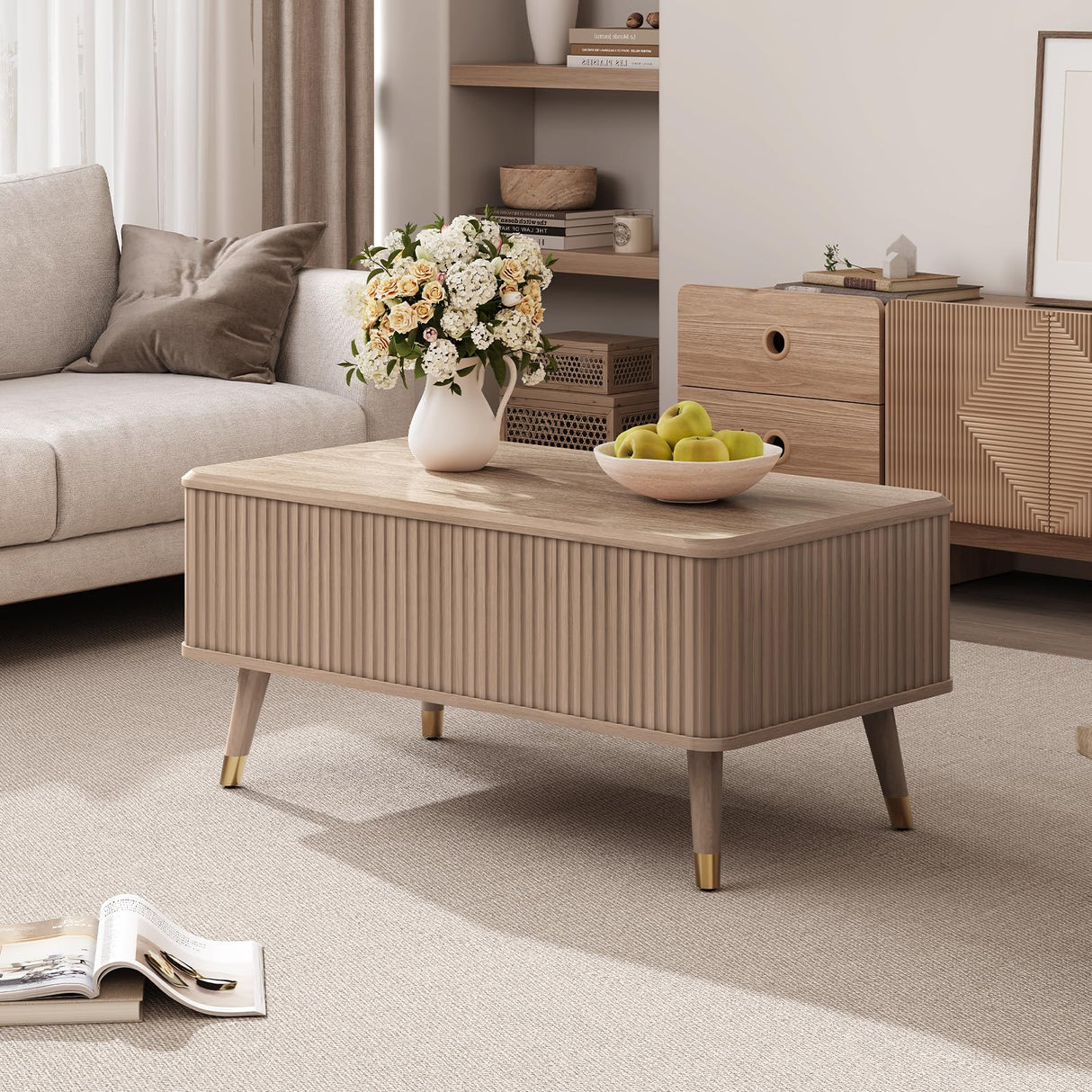 Vanvuson Lift Top Coffee Table with Storage, Mid Century Modern Coffee Table with Solid Wood Legs, 38" Minimalist Fluted Center Table for Living Room, Home Office, Natural Oak Vanvuson