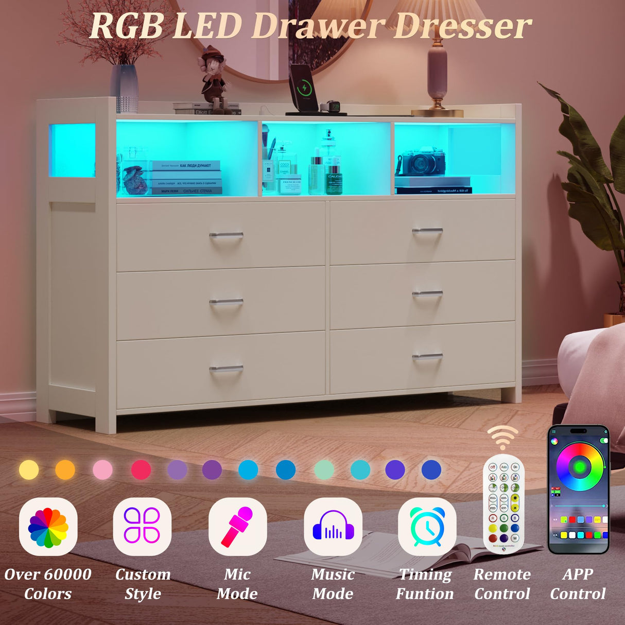 White Dresser for Bedroom with 6 Drawers, LED Dressers & Chests of Drawers with Power Strip, Modern Dressers Wide Storage for Bedroom Closet Whalefall