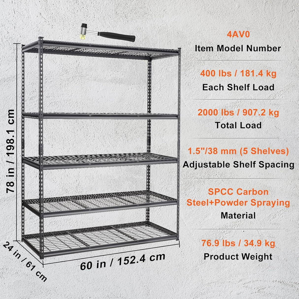 PioneerWorks Garage Shelving, 2500lbs Load Bearing Heavy Duty Storage Shelving, 48x24x72in Adjustable Storage Shelves, Durable Metal Storage Shelves, Easy Assemble for Garage, Kitchen PioneerWorks