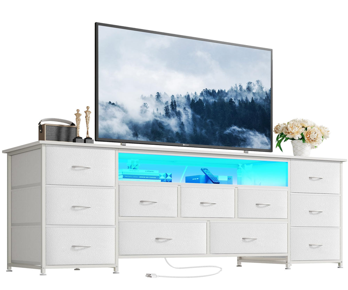 Huuger 63 Inch TV Stand for 65, 70 Inch TV, 11 Drawer Long Dresser with Power Outlets and LED Lights, Entertainment Center with Storage, White Dresser with PU Leather Surface Huuger