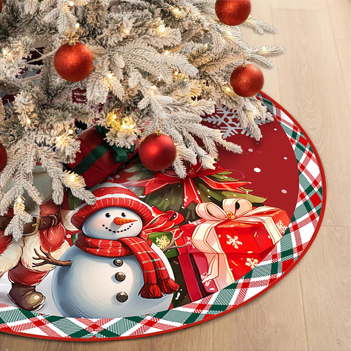 SHUXILIN Christmas Tree Skirt -48 Inches Luxury Short Plush Thick Rustic Xmas Holiday Decoration with Cute Santa Claus Xmas Tree Snowmen Snowflake Designs Mat Decoration for Merry Christmas Party SHUXILIN