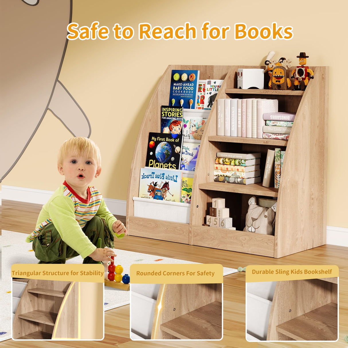 4 Tier Kids Bookshelf,4 Layer Sling Kids Book Shelf for Kids Rooms,Wood Children Bookcase,Baby Storage Book Rack,Toddler Bookshelf, Book and Toy Organizer,Book Display Shelf for Bedroom, Nursery FFBCFDK