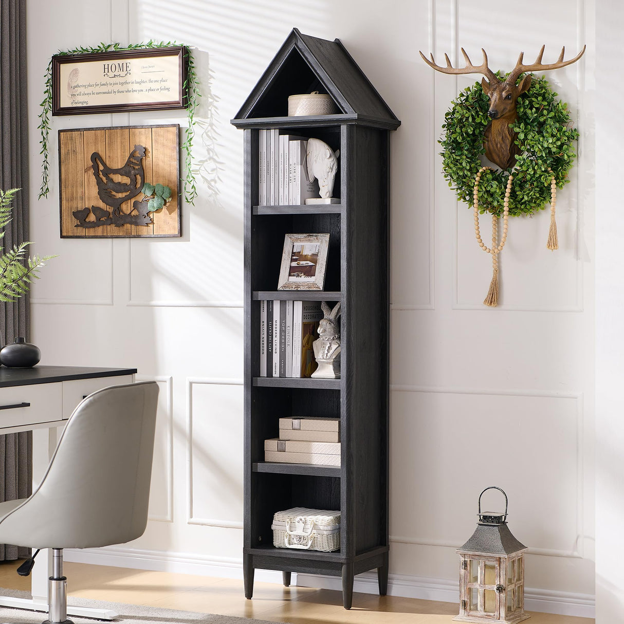IFGET 75.9" Tall Farmhouse Bookcase, Angle Arched 5 Tiers Narrow Bookshelf Cabinet with Adjustable Shelves, Modern Wooden Geometric Book Shelf w/Display Storage for Living Room, Office-Dark Grey IFGET