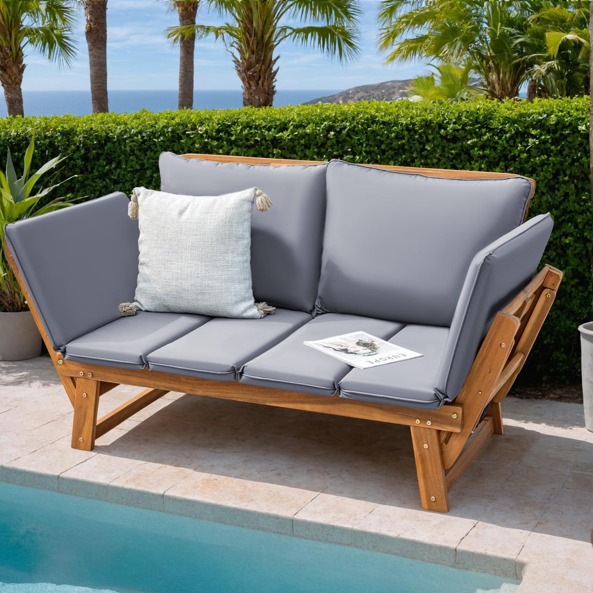 Greesum Patio Convertible Couch Sofa Bed with Adjustable Armrest, Acacia Wood Outdoor Daybed with Cushion & Pillow, Folding Chaise Lounge Bench for Porch Courtyard Poolside,Gray Greesum